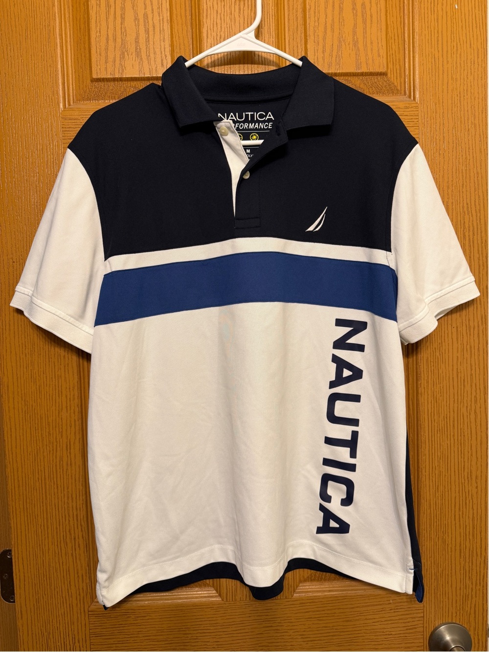 Nautica Men’s White, Navy & Blue Stripe Colorblock Performance Polo Size M
